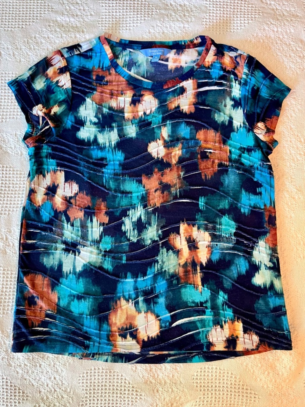 Vera Wang Abstract Floral Women’s Tee Blue Bronze Rust Orange White XL